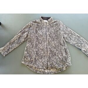 Stan Herman Gray Marbled Sherpa Fleece Zip Front Jacket Mock Neck Womens Large